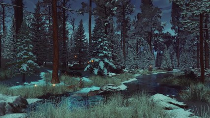 Wall Mural - dark mystical fir forest with paranormal fairy firefly lights soaring in the air over small woodland
