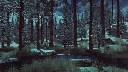 Wall Mural - fir and pine trees covered with first snow and magical fairy firefly lights soaring in the air in a 