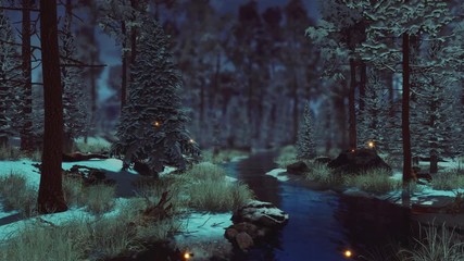 Wall Mural - dreamlike woodland landscape with supernatural fairy firefly lights soaring in the air over small cr