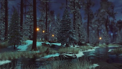 Wall Mural - dark mysterious pine forest with magical firefly lights soaring over small creek in early winter wit