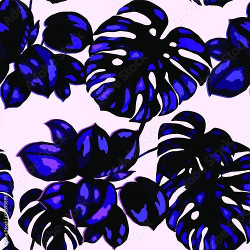Seamless pattern with tropical leaves. Hand drawn exotic plants. Summer natur...