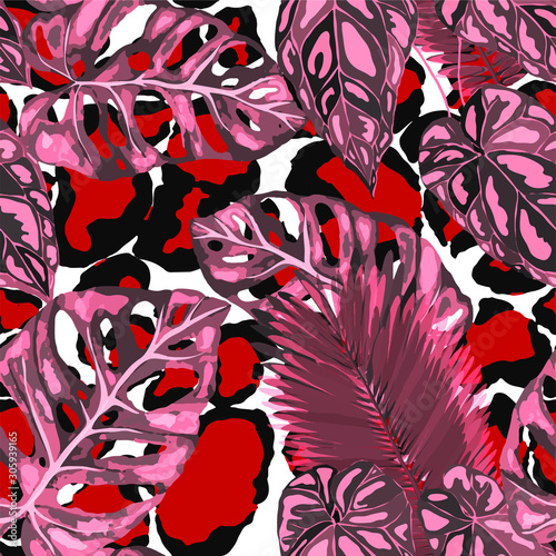 Seamless pattern with tropical leaves on leopard spots. Hand drawn exotic pla...