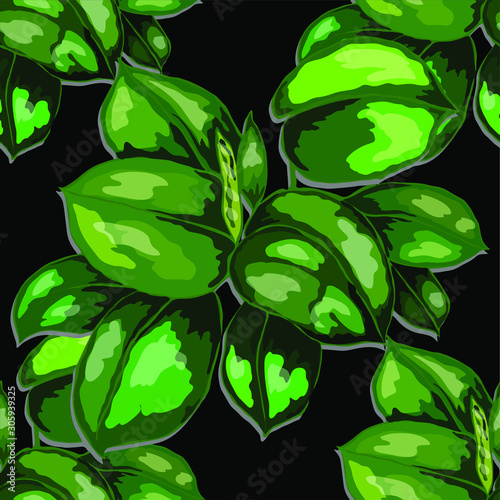 Seamless pattern with tropical leaves. Hand drawn exotic plants. Summer natur...