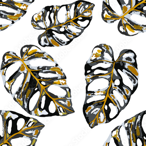 Seamless pattern with tropical leaves. Hand drawn exotic plants. Summer natur...
