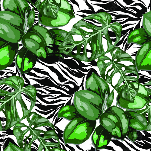 Seamless pattern with tropical leaves on zebra stripes. Hand drawn exotic pla...
