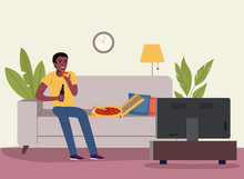 Afro American Man Watching Soccer On The TV With Beer And Pizza. Vector Flat Style Illustration