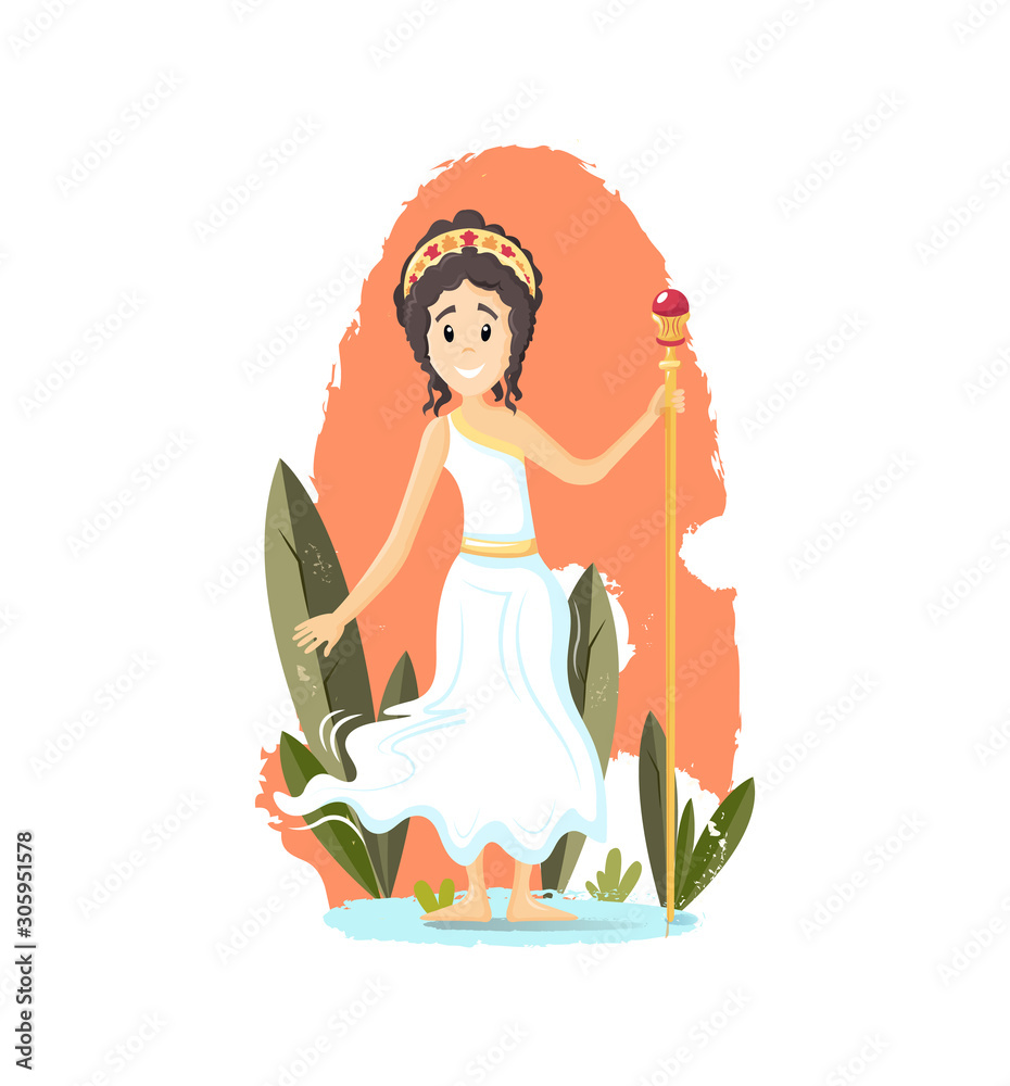 Ancient greek mythological goddess Hera. Greek goddess of Olympus,  patroness of marriage and conjugal love with staff in one hand vector  cartoon illustration Stock Vector | Adobe Stock, image size:930x1000