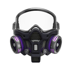 Wall Mural - Futuristic chemical gas mask with protective glasses and metal filters. Modern military black gray respirator with neon light. Concept art air pollution. 3d illustration isolated on white background