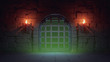 Concept art prison in dark medieval dungeon with stone walls, large metal jail door and burning torches. Cartoon game location prison cell interior with green poisonous gas and skulls. 3d illustration