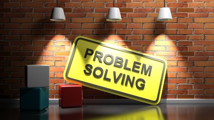 Poster - PROBLEM SOLVING yellow sign at red bricks wall - 3D rendering illustration