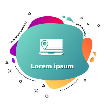 White Laptop with location marker icon isolated on white background. Abstract banner with liquid shapes. Vector Illustration