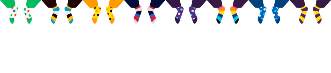 Socks. A set of socks with different patterns. Set of striped and polka dot socks. Minimalism. Multi-colored socks clad on legs. Flat style. Vector illustration