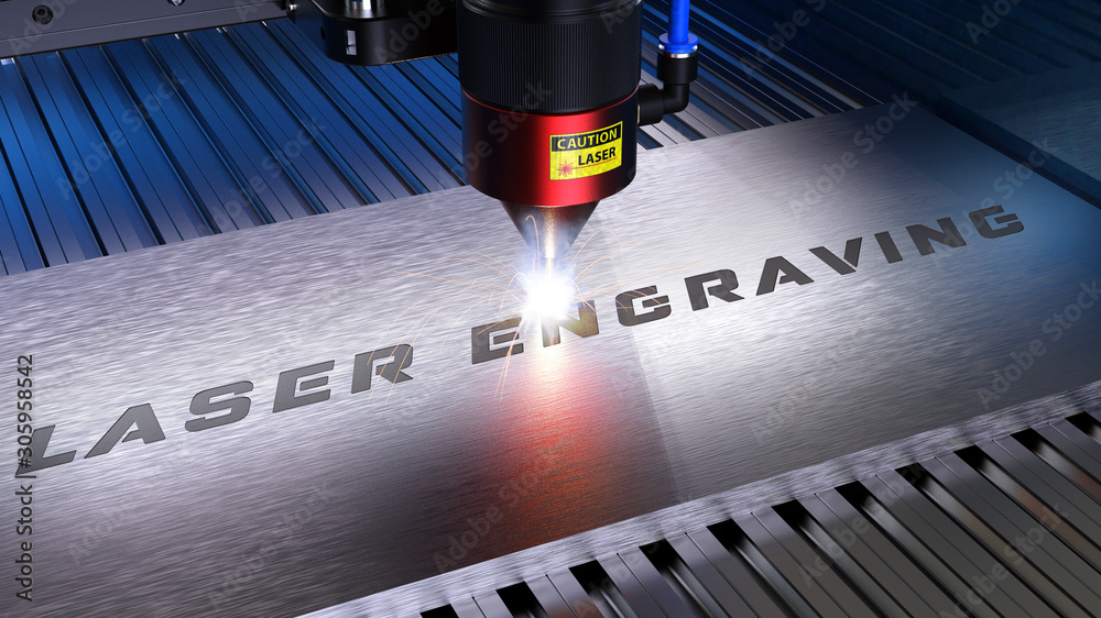 Laserschneiden, Lasergravieren. Metallverarbeitung mit Funken in einer CNC Laser Gravurmaschine. 3D Rendering - obrazy, fototapety, plakaty 