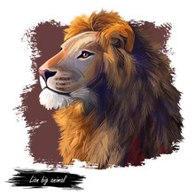 Lion Animal Watercolor Portrait In Closeup. Deep-chested Cat With Mane Looking Aside. Mammal Symbol Of Power And Royalty. Panthera Leo Representative, Member Of Feline Family Digital Art Illustration