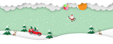 Merry Christmas And Happy New Year Greeting Card Background With Pickup Truck With Christmas Tree And Gift Box And Santa Claus With Balloon Paper Cut Style - Vector Illustration.
