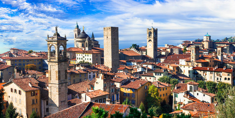 Sticker - Landmarks of northern Italy - medieval Bergamo. panoramic view of old town