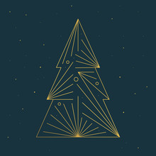 Geometric Gold Line Christmas Tree Pine Spruce. Happy New Year Greeting Card. Flat Vector Poster.