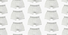 Seamless Pattern Men's Underwear, Gray Underpants On White Background Flat Lay Top View Copy Space. Fashion Blog, Natural Underwear, Advertising, Shopping Concept. Pants Boxers