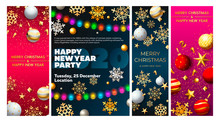 Happy New Year Party Poster With Festive Garland. Lettering Text With Decorations Can Be Used For Invitation And Greeting Card. Holiday Concept