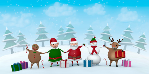 Christmas characters in a snowy winter landscape