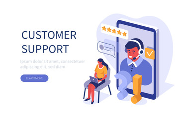 Poster - woman customer asking questions and receive answers. male customer service agent with headsets talki