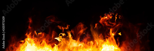 Panorama Fire flames on black background. Tableau sur Toile