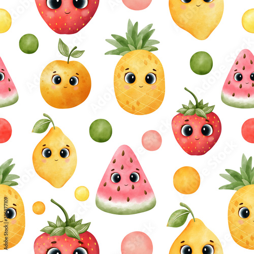 Kawaii Fruit Pattern Pattern With Pineapple Watermelon Orange And Cherry Isolated On White Background Stock Illustration Adobe Stock