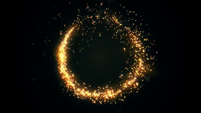 Wall Mural - Golden glitter circle with sparkling light. Shining Christmas gold particles and sparkles ring on black background. Luxury magic festive effect with bokeh and glow. Dust trail 3d render in Ultra HD 4K