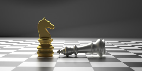 Sticker - Chess knight gold standing winner on chessboard background. 3d illustration