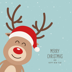 Sticker - Reindeer red nosed cute cartoon santa had snowy background. Christmas card