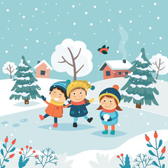 Wall Mural - Merry christmas greeting card with children playing with snow. Cute vector illustration in flat style