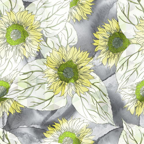 Obraz w ramie Sunflower Seamless Pattern on Watercolor Background