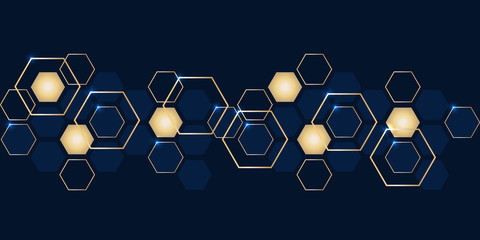 Poster - Luxury abstract gold and navy blue hexagons background. Futuristic modern hi-tech background for digital technology. Vector illustration EPS10.
