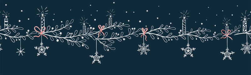 Wall Mural - Cute hand drawn horizontal seamless pattern with candles, branches and christmas decoration - x mas background, great for textiles, banners, wallpapers - vector design