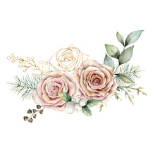 Watercolor Christmas Card With Pink And Golden Roses. Hand Painted Floral Vintage Flowers, Seeds And Branches Isolated On White Background. Holiday Illustration For Design, Print Or Background.