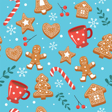 Christmas Pattern With Gingerbread Cookies, Cups And Candy Cane. Cute Elements. Vector Illustration In Flat Style