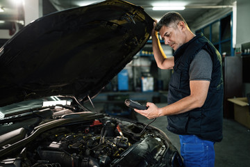 Wall Mural - Mid adult mechanic running car diagnostic in auto repair shop.