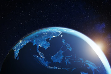 Wall Mural - southeast asia from space at night with city lights showing south east asian cities in thailand, vie