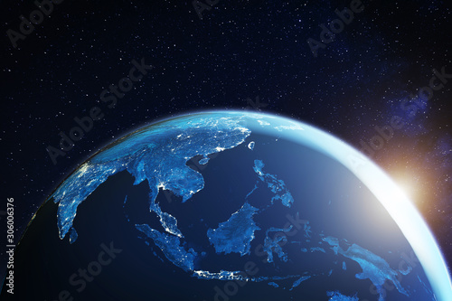 Fotografía Southeast Asia from space at night with city lights showing South East Asian cit