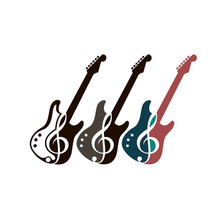 Collection Of Electric Guitars With Treble Clef Isolated On White Background