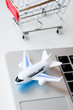 © gesrey - A model airplane stands on a laptop next to a trolley. The concept of buying tickets for a flight through the Internet.