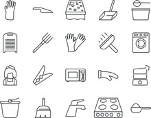 Household Vector Icon Set Such As: Gardening, Hole, Chef, Doodle, Hold, Scraper, Winter, Double, Restaurant, Burner, Mittens, Wet, Pitchfork, Protect, Agent, Woman, Diet, Disinfectant, Bucketful