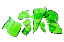 Pieces Of Green Broken Glass Isolated On White Background. Top View.