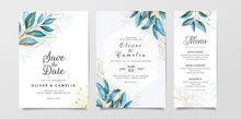 Greenery Wedding Invitation Card Template Set With Watercolor Leaves And Gold Glitter. Floral Illustration For Background, Save The Date, Invitation, Greeting Card, Poster