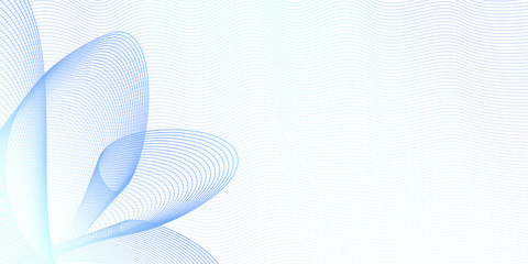 Blue floral pattern on wavy thin curves. Light colored watermark. Abstract vector guilloche. Coupon, cheque, ticket, banner template. Creative art line design. White background. EPS10 illustration