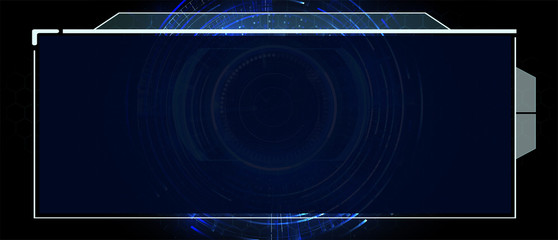 Poster - Control panel or HUD interface. Vector illustration. Dark spaceship interior with large window view Concept and screen design, technology and science circuits