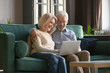 © fizkes - Elderly couple sitting on couch watching movie on laptop