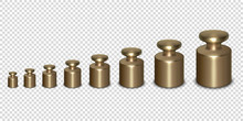Vector 3d Realistic Metal Calibration Laboratory Weight Different Sizes Icon Set Closeup Isolated On Transparent Background. Design Template Of Little Weights For Mechanical Jewelry Scales