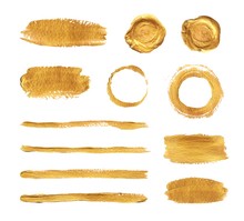 Gold Paint Brush Strokes Isolated On White Background. Set Of Vector Design Elements 