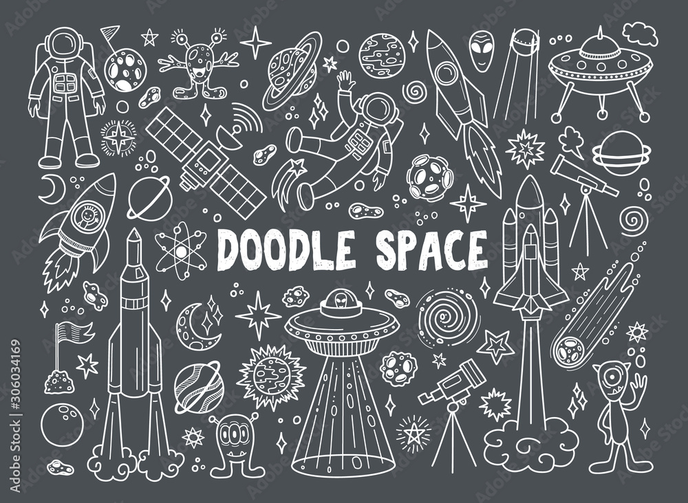 Hand drawn doodles cartoon set of space objects and symbols. Doodle ...